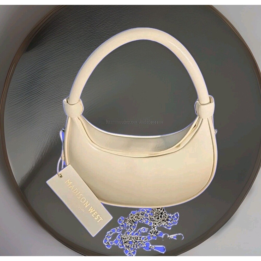 Madison West Structured Crescent Top Handle Bag Cream Detachable Shoulder Chain